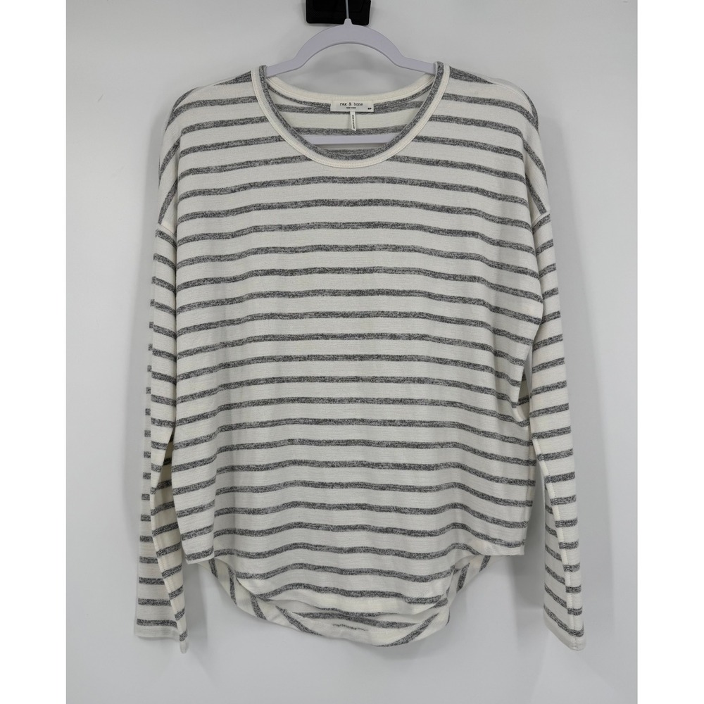 Rag & Bone Women Striped Long Sleeve Crew Neck Curved Hem Top Ivory Grey Small